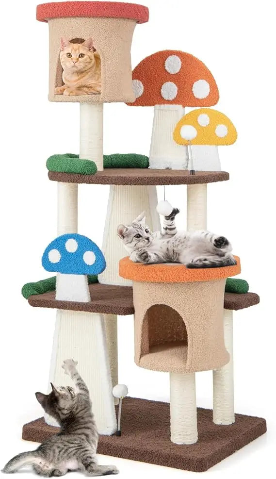 Very Tangkula Mushroom Cat Tree, Multi-Level Cute Cat Tower With Full-Wrapped Sisal Posts, Scratching Boards & Interactive Balls