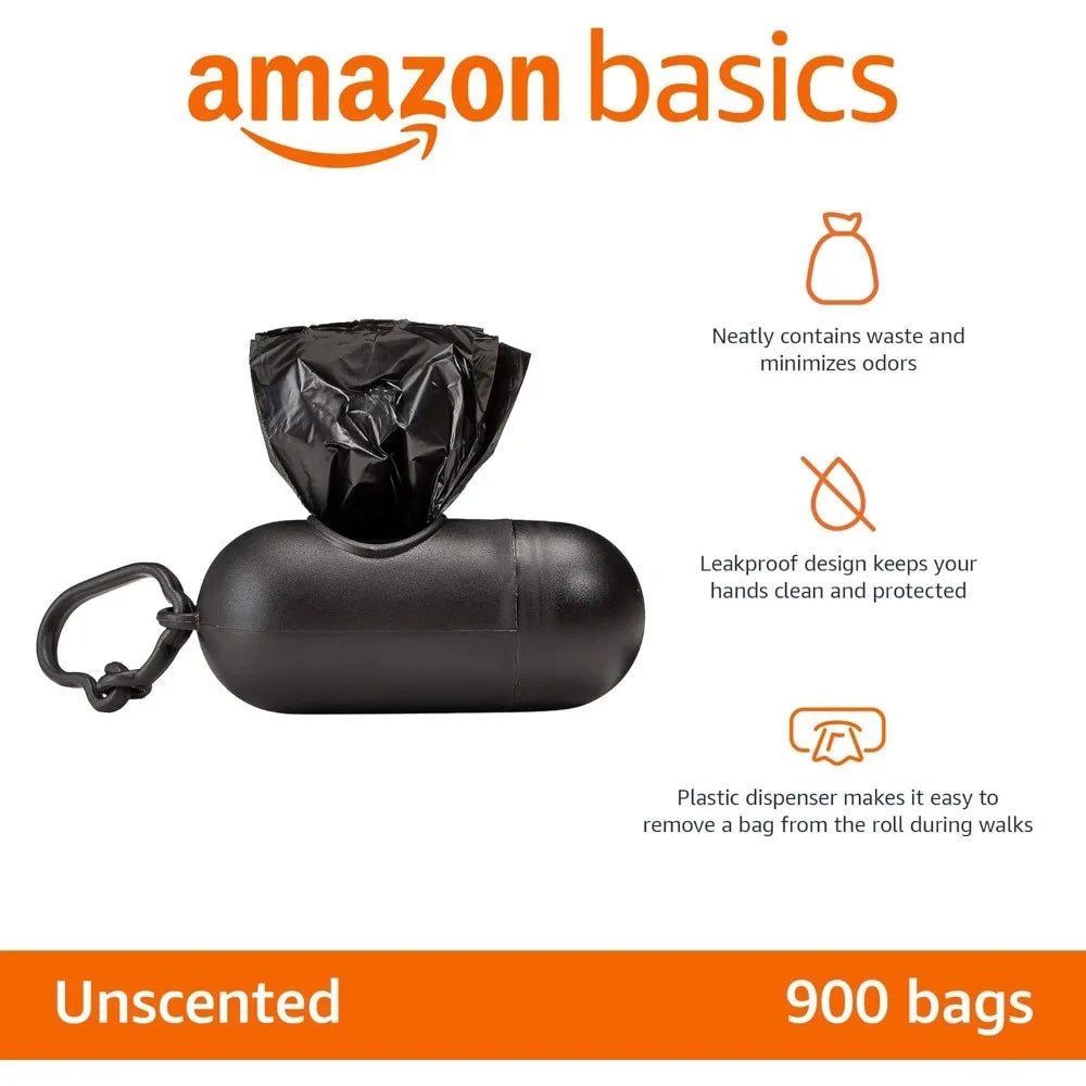 Amazon Basics Dog Poop Bags with Dispenser, 300 Count, Enhanced for Guaranteed Leakproof, Unscented, Includes Leash Clip