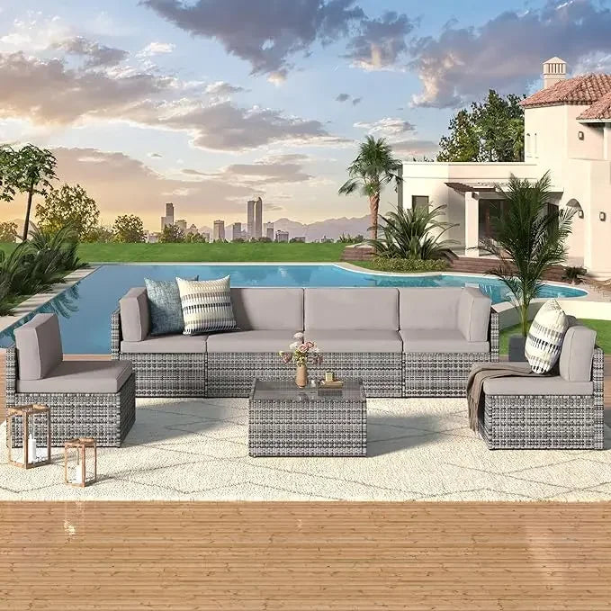 Garden Sofas Rattan Wicker Furniture, Outdoor Sectional Furniture Chair Set with Cushions and Tea Table, Grey Garden Sofas
