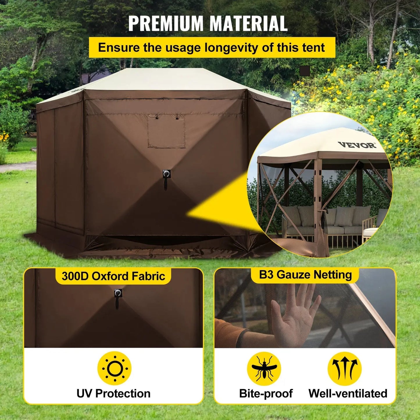 Waterproof Screen Shelter w/Portable Storage Bag 8 Person Camping 6 Sided Pop-up Canopy Screen Tent 10'x10' Camping Gazebo Tent