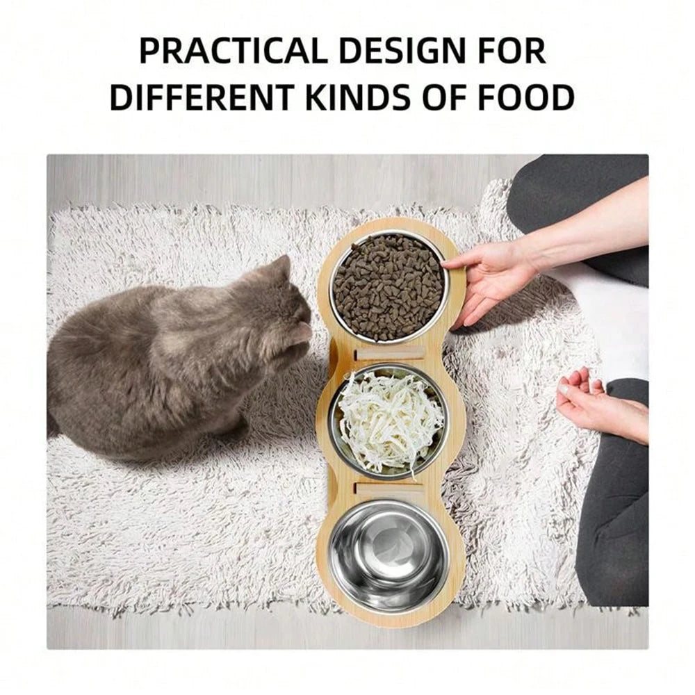 Cat 3 Bowls in 1 Feeder Feeding & Watering Supplies Food Bowl 15-Degree Tilt Raised Puppy 3 Stainless Steel Bowls Wood Brackets