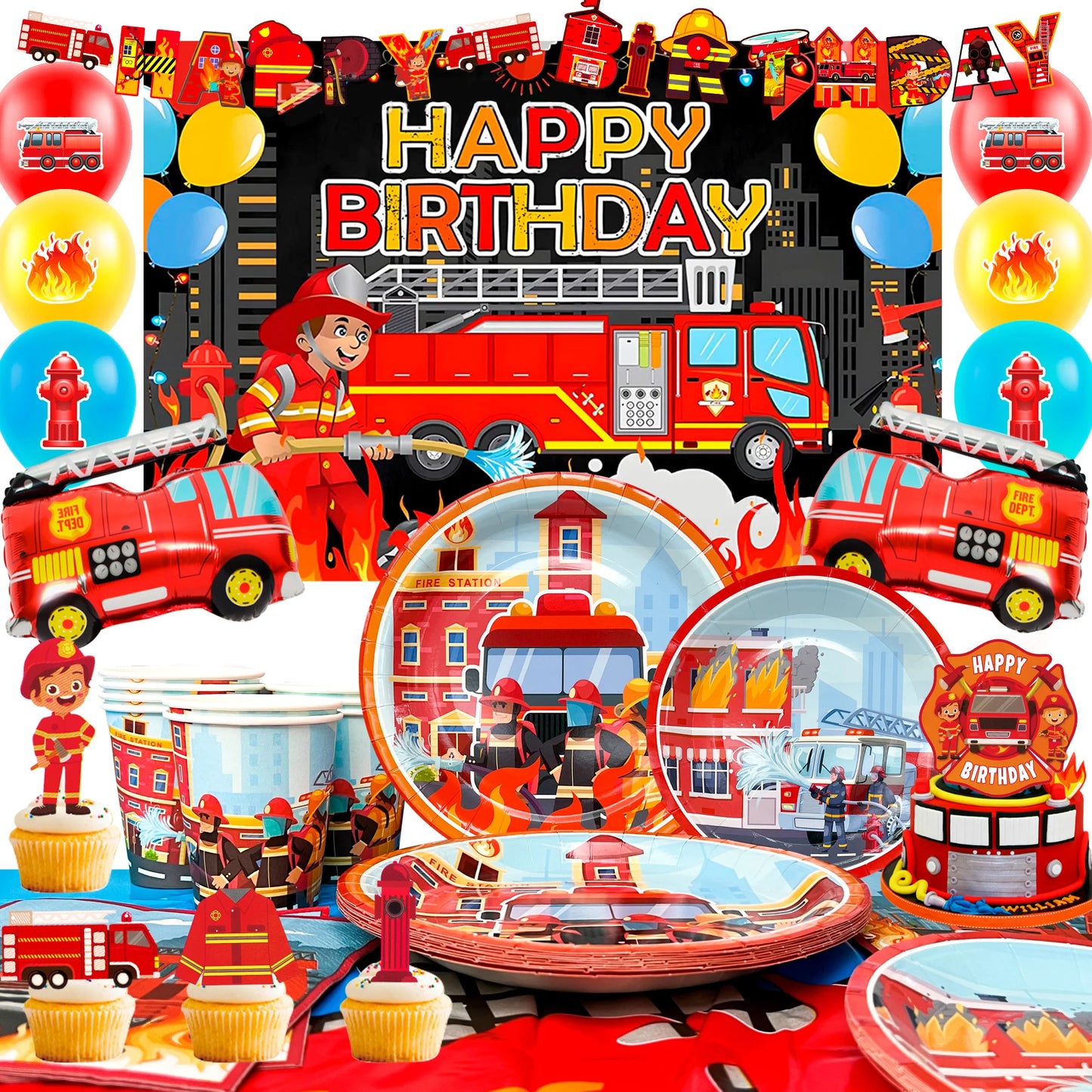 Fire Truck Birthday Party Supplies,70pcs Decorations&Tableware Set-Fire Truck Party Plates Cups Napkins&Themed Balloon Back etc