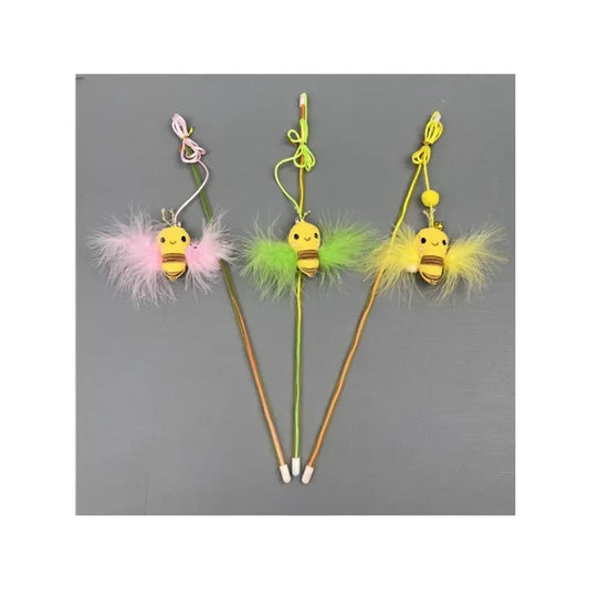 1Pcs Random Color Cat Teaser Wand Funny Fake Feather Little Bee Design Kitten Teasing Stick Cat Wand Interactive Pet Toy