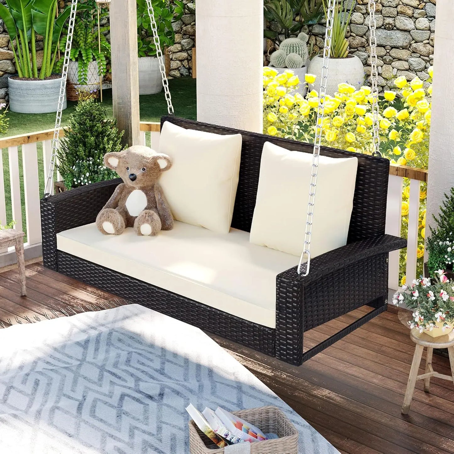 Porch Swing Loveseat, Outdoor Patio Furniture Rattan Wicker Swing Chair with Adjustable Chains, 2-Person Hanging Seat Porch