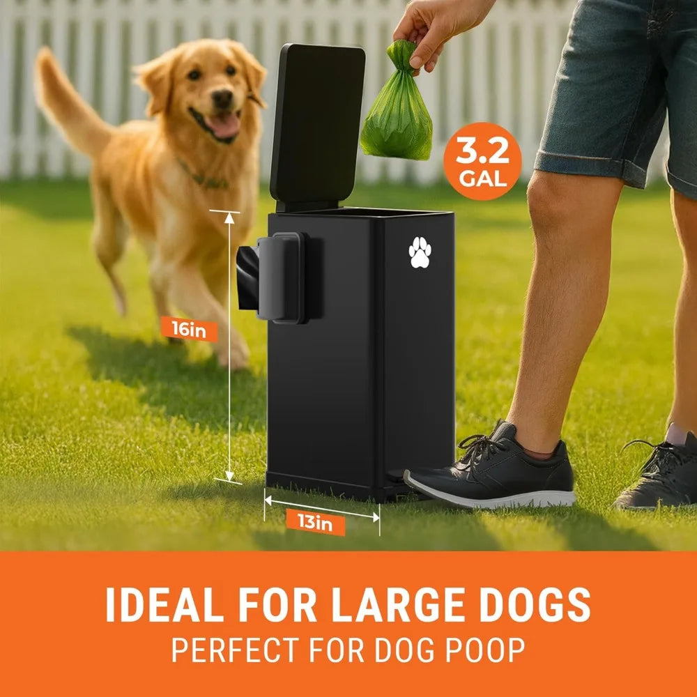 3.2 Gal Metal Dog Waste Trash Can with Lid Outdoor, Waste Container with Pedal Garbage Poop Bin, Poo Bucket Outdoor