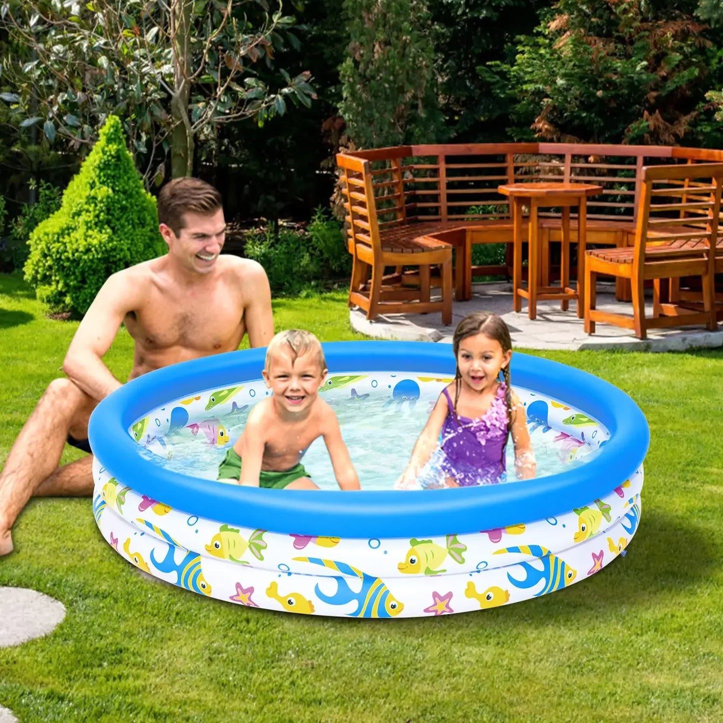 48x10” Inflatable Swimming Pool Blow Up Family Pool For 2 Kids Foldable Swim Ball Pool Center w/ 3 Velvets Water Drain Plug