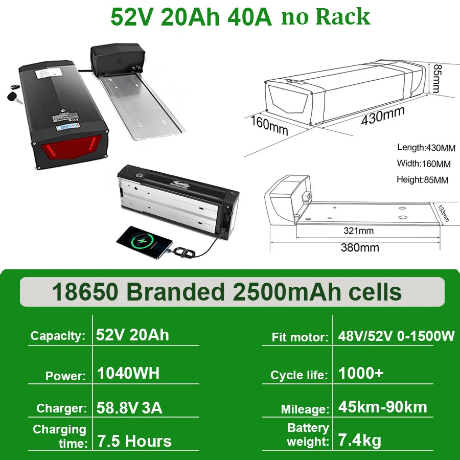 Rear Rack eBike Battery 21700 18650 52V 48V 28Ah 24Ah 20Ah With Double Luggage for 2000W 1500W 1000W 750W 500W 24"-28 inch Motor