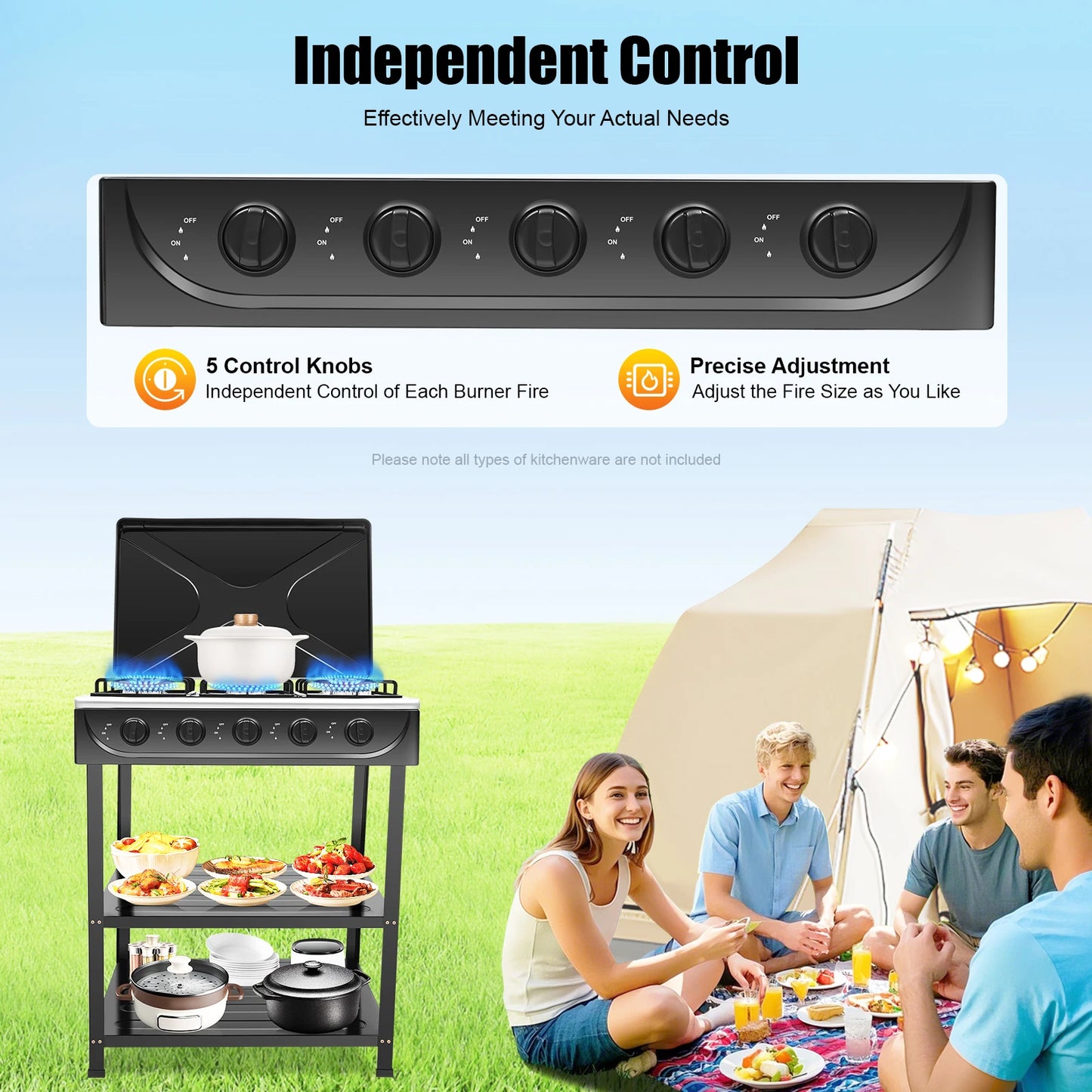 Natural Gas Stove Outdoor 5-Burner Stove Portable Gas Stove with 2 Placement Boards and Windshield for Outdoor Camping RV Travel