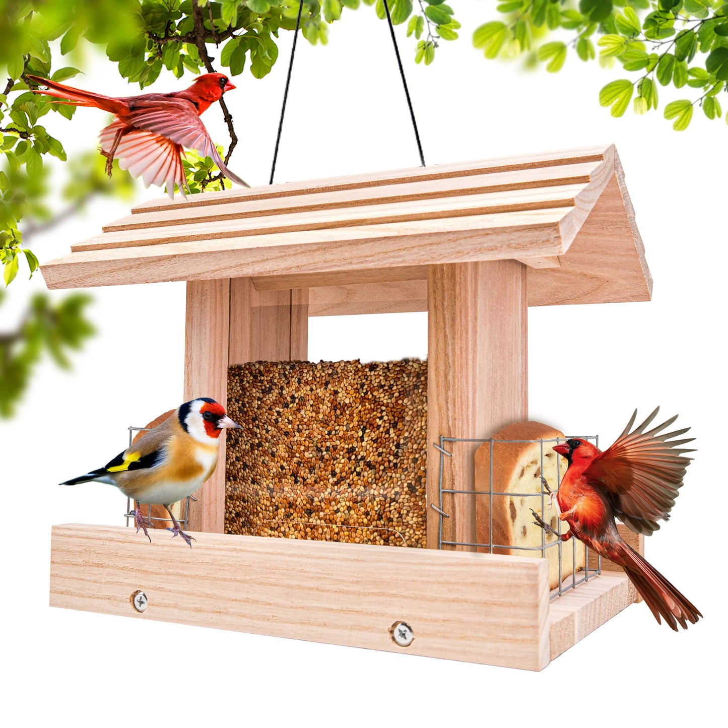 Bird Feeders For Outdoors Hanging - Wooden Bird Feeder Hopper, Cardinal Bird House Feeder, Wooden Large Bird Feeder With Suet Ho
