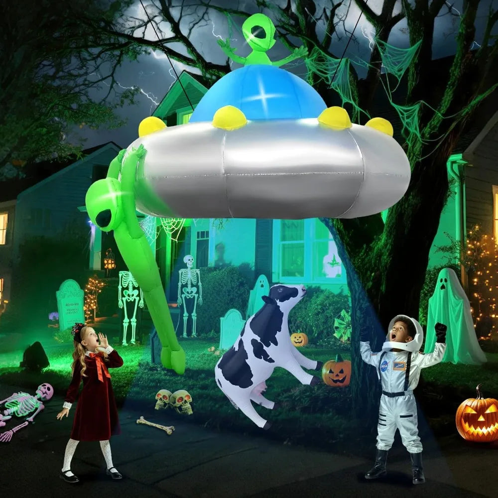 6FT Halloween Inflatable Hanging Alien UFO Outdoors Decoration, Blow Up Yard Decorations Scary Alien Inflatable with Build-in L