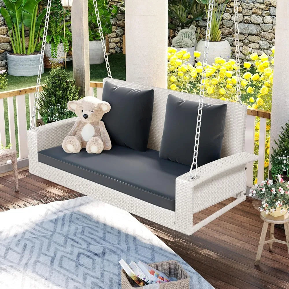 Porch Swing Loveseat, Outdoor Patio Furniture Rattan Wicker Swing Chair with Adjustable Chains, 2-Person Hanging Seat Porch