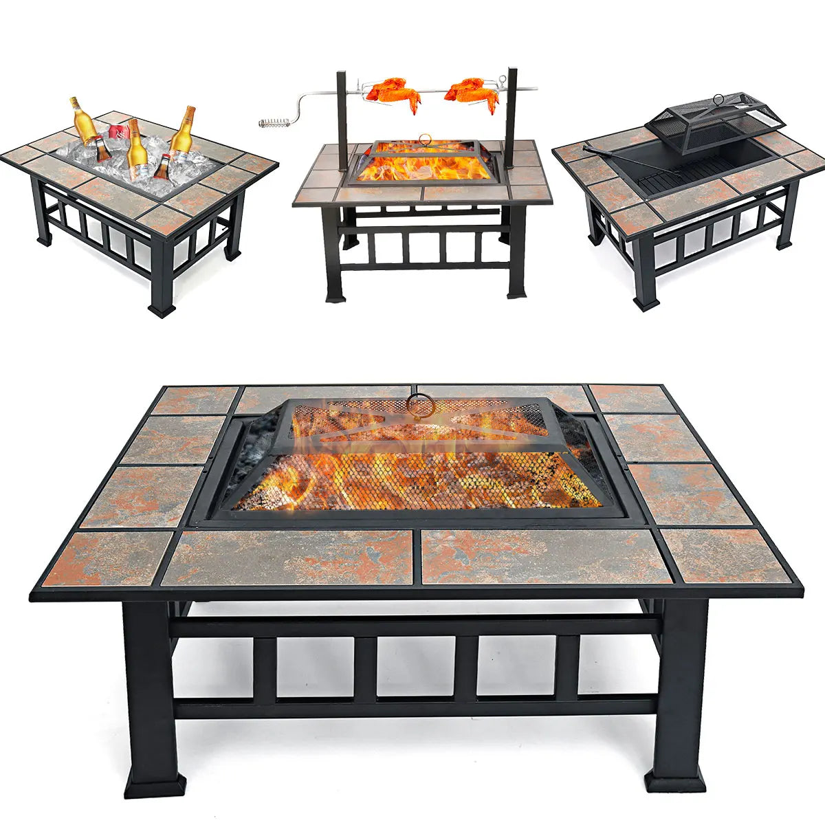 37 Inch Fire Pit Outdoor Patio Garden Camping Picnic Wood Burning Fire Pits Heating Large Steel BBQ Grill