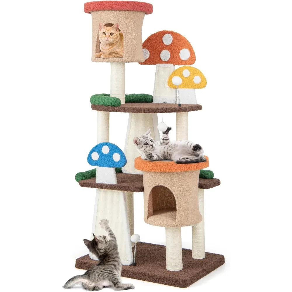 Very Tangkula Mushroom Cat Tree, Multi-Level Cute Cat Tower With Full-Wrapped Sisal Posts, Scratching Boards & Interactive Balls