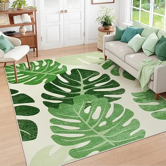 Leaf Indoor Outdoor Area Rugs for Living Room, 8x10 Green Washable Rug Tropical Monstera Plant Non-Slip Bedroom Rugs, Large Acc