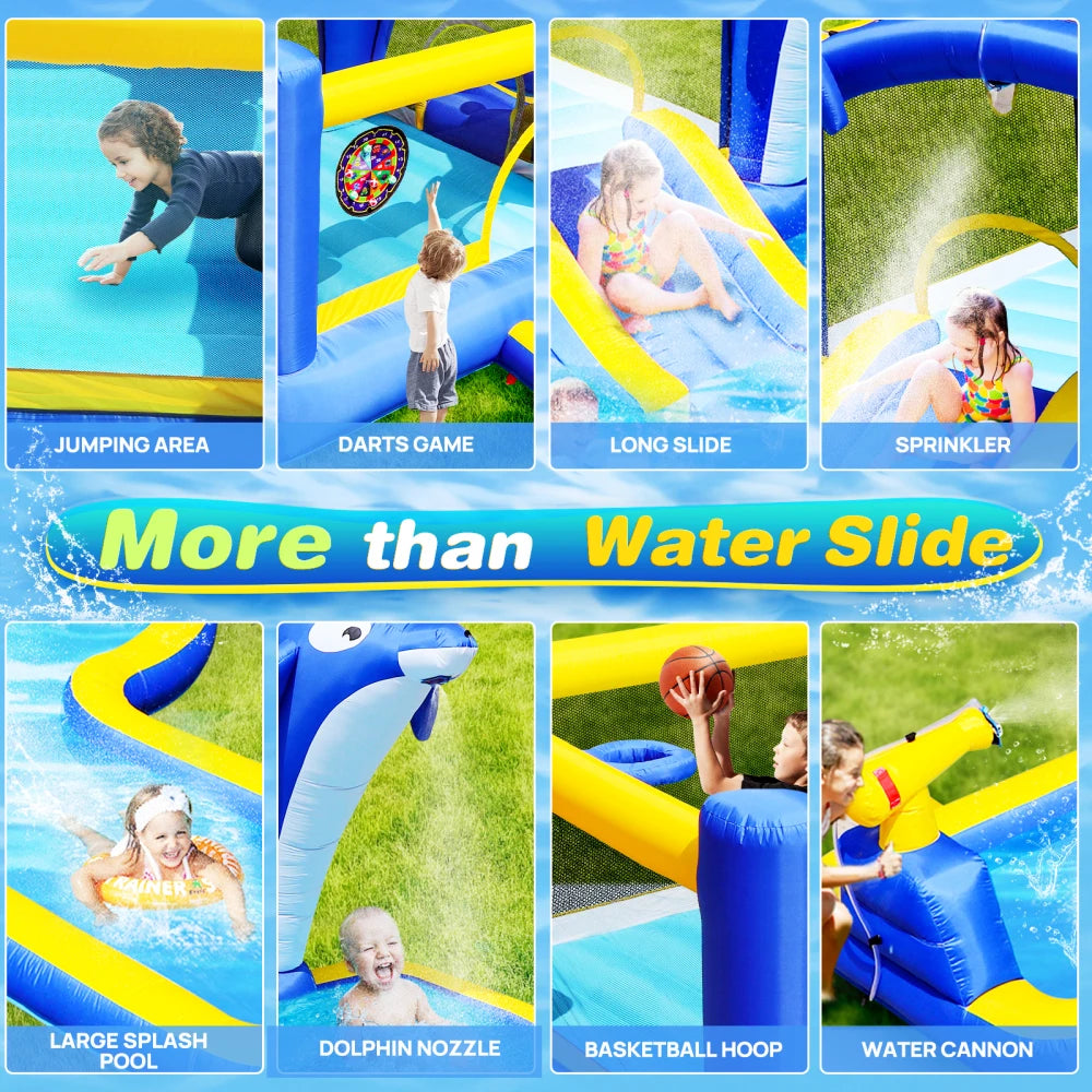 6 in1 Inflatable slide water park trampoline bouncing house outdoor garden with  Dolphin sprinkler & Target games & Water gun