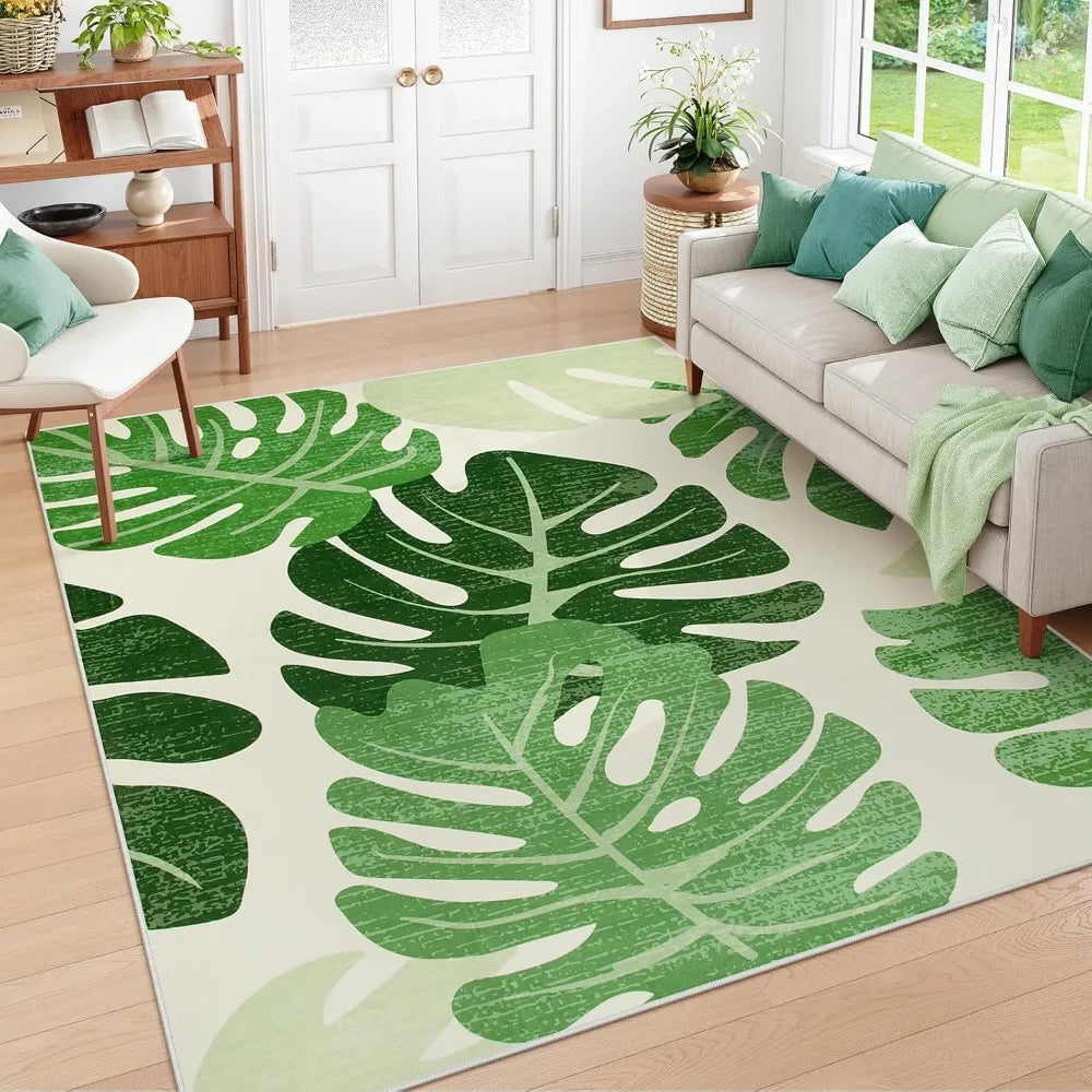 Leaf Indoor Outdoor Area Rugs for Living Room, 8x10 Green Washable Rug Tropical Monstera Plant Non-Slip Bedroom Rugs, Large Acc