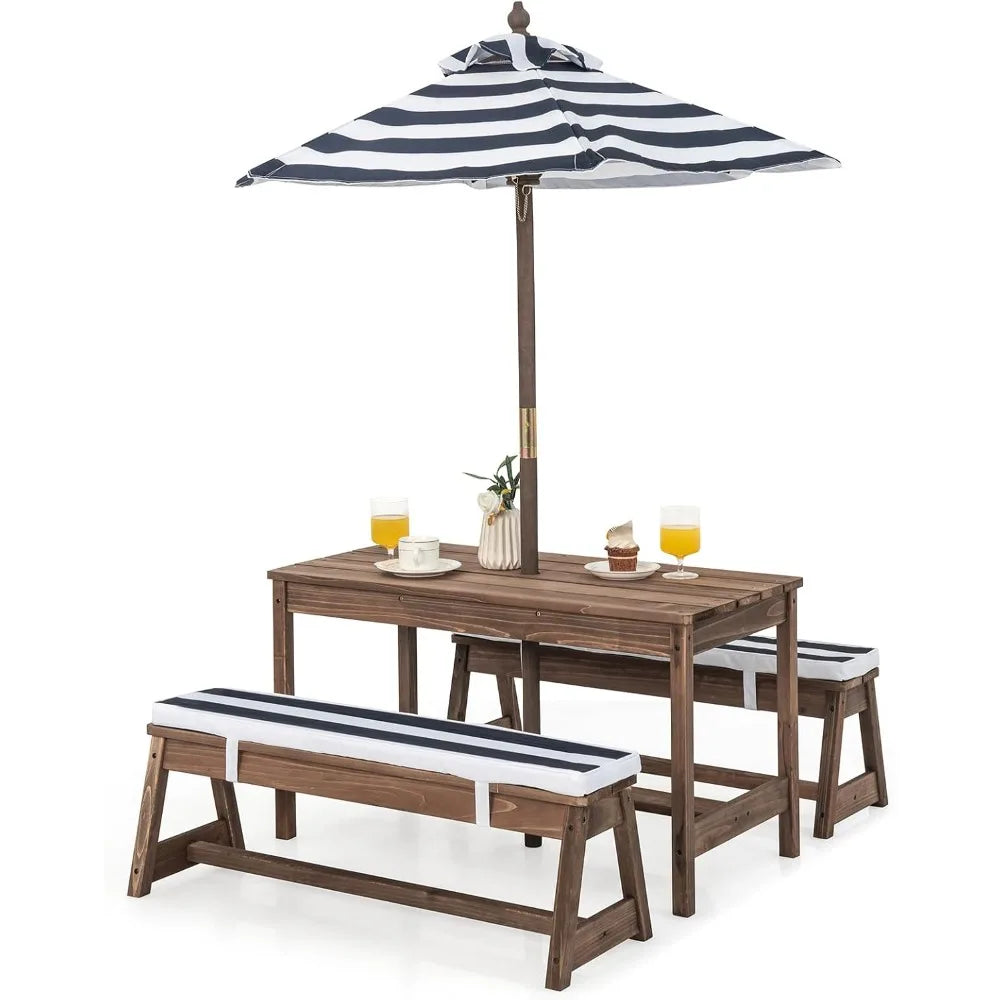 Kid Picnic Table, Outdoor Wooden Table & Bench Set w/Removable Cushions and Umbrella, Stripe Fabric, Children Backyard Furniture