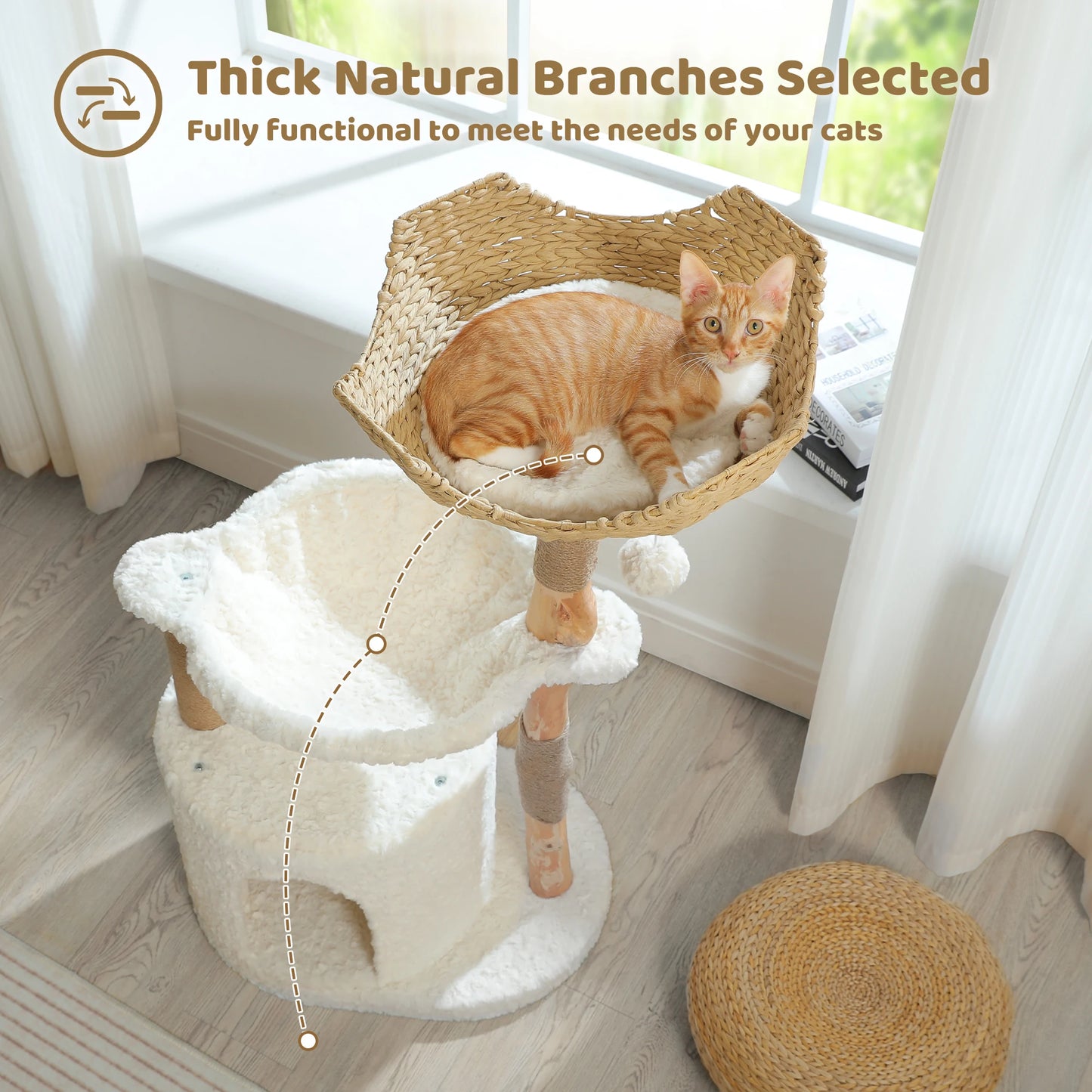 Modern Cat Tree, Natural Wood Cat Tower with Large Wicker Basket, Spacious Condo, Deep Hammock, Luxury Cat House Bed for Indoor