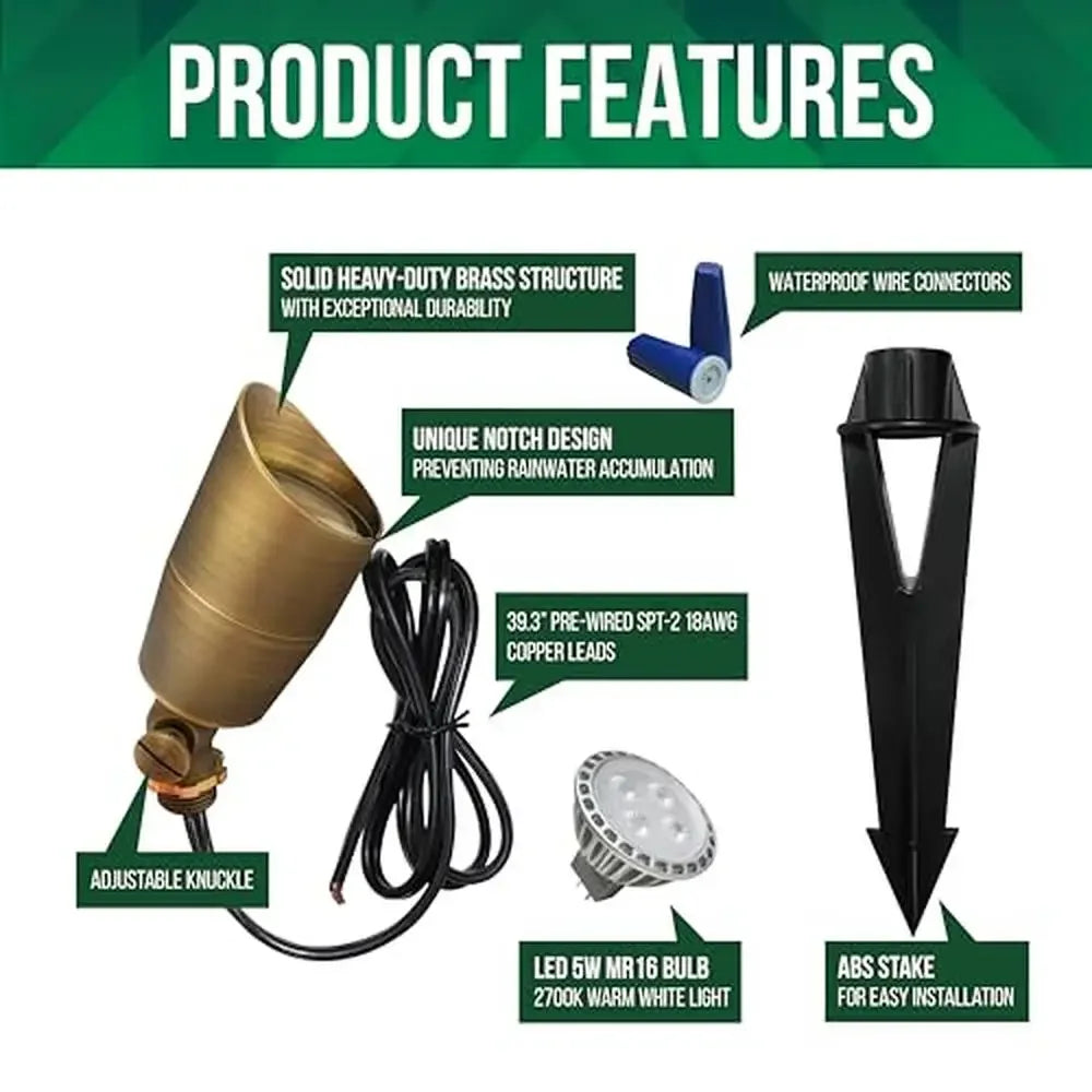 Compact Brass Outdoor Landscape Spot Light 12V AC/DC Waterproof Yard Garden House Tree Bright Warm White Glare Guard Spotlight