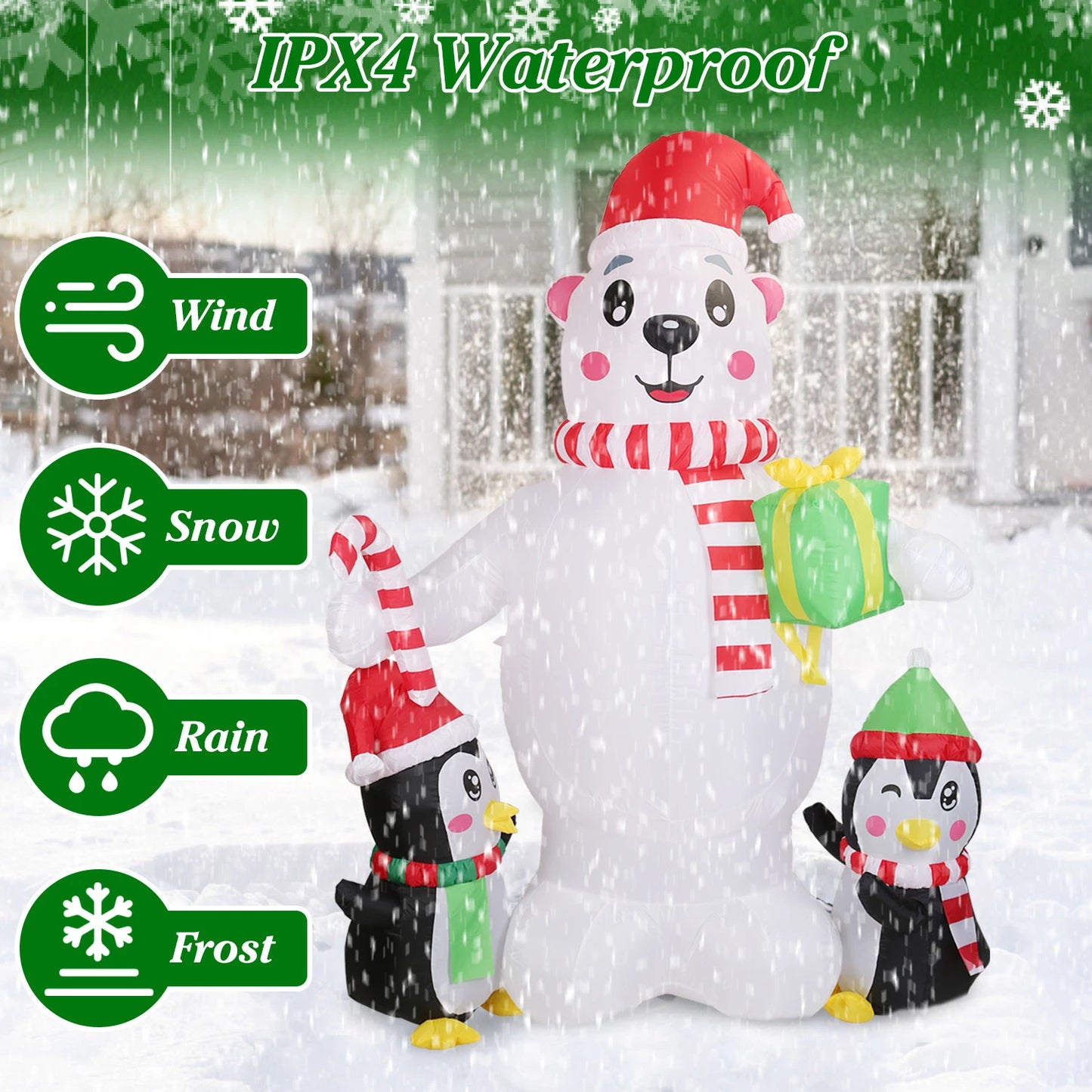 5.9FT Christmas Inflatable Outdoor Decoration Polar Bear Gift Box Penguin Blow Up Yard Decoration with LED Light Built-in Air