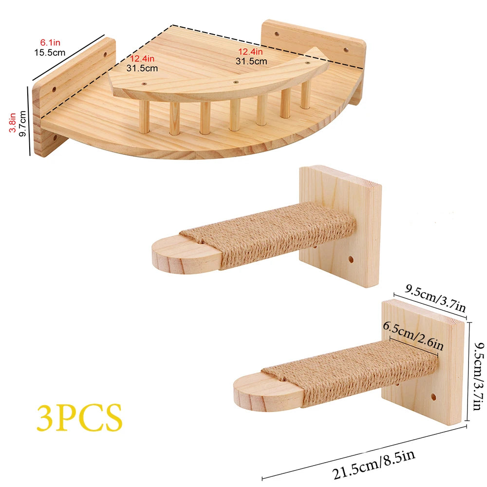 Wall Mounted Cat Tree Wooden Shelves Scratching Posts Climbing Cat Perches Hammock with Steps and Ladder Pet Wooden Furniture