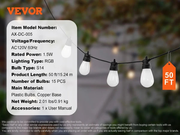 VEVOR RGB Outdoor String Lights with APP Control 15 Single-Color Adjustable Brightness Time Setting Waterproof Hanging Lights