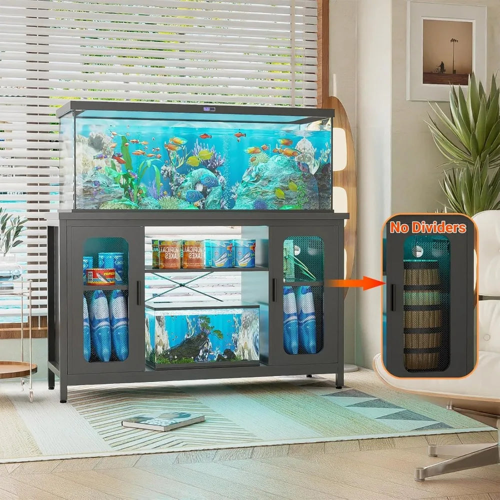 Reptile Tank Stand Fish Tank Stand with Power Outlets & LED Light, 55-75 Gallon Reversible Terrarium Stand with Cabinet
