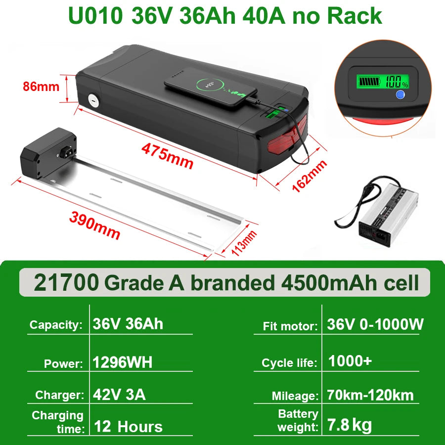 Rear Rack eBike Battery 21700 18650 52V 48V 28Ah 24Ah 20Ah With Double Luggage for 2000W 1500W 1000W 750W 500W 24"-28 inch Motor
