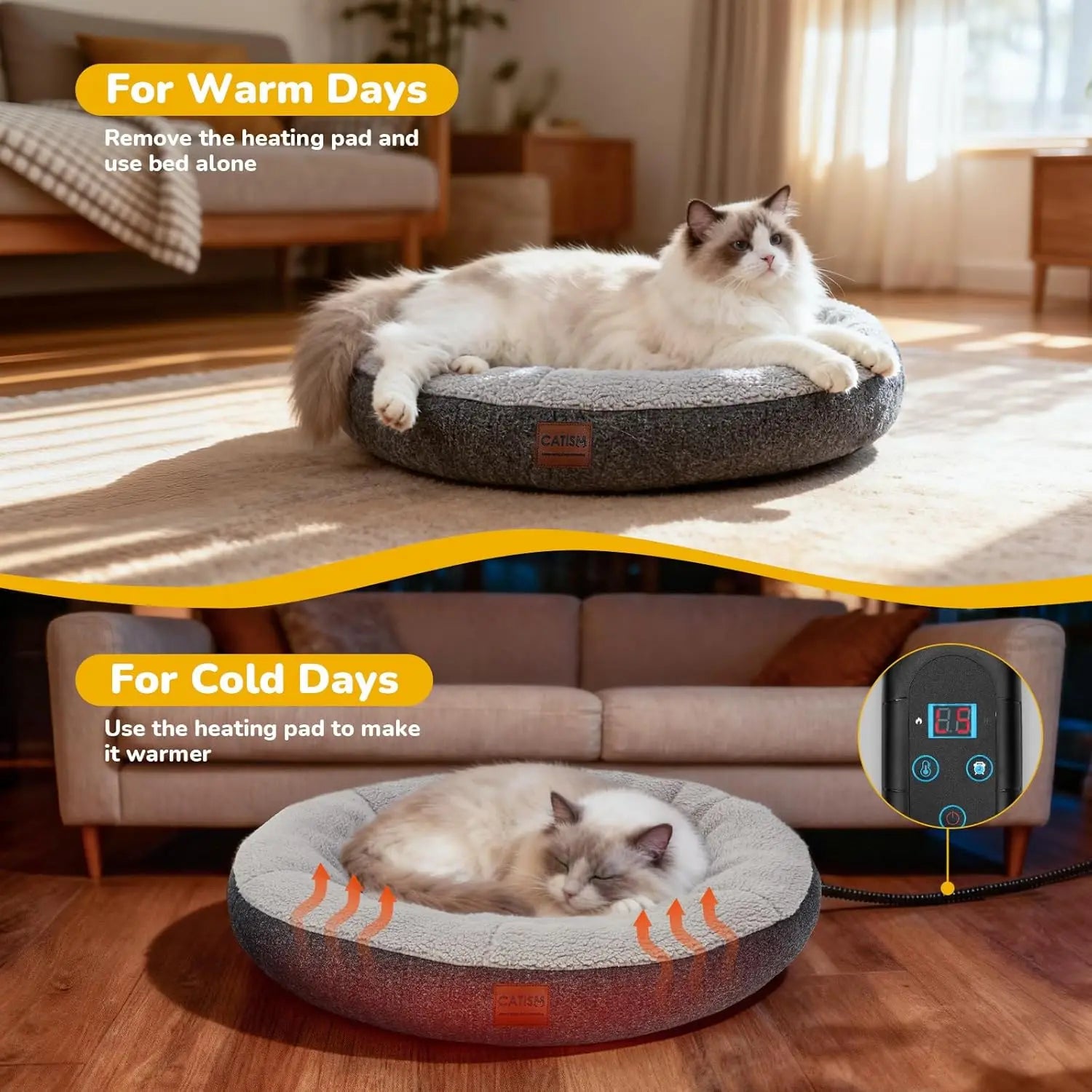 Heated Cat Bed Indoor - Self Warming Donut Cave with Timer & Adjustable Temperature, Cozy Plush for Kittens and Small Animals - Quick and EZ Shop