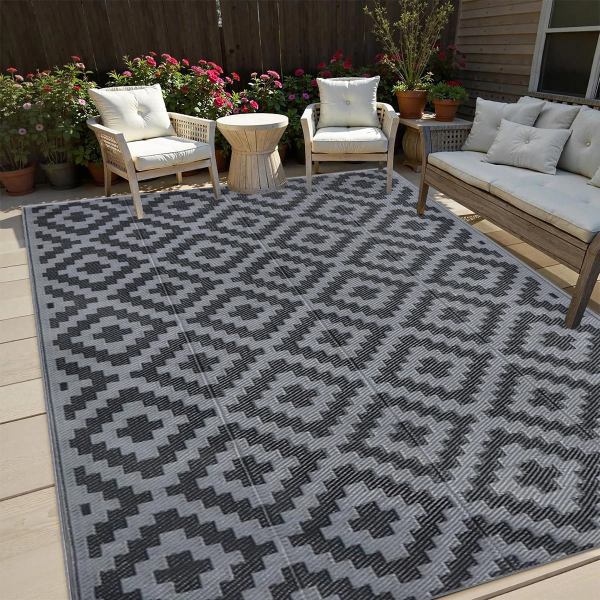 Black and Gray Cross PP Material Plastic Straw Patio Rugs Waterproof Reversible Outdoor Carpets Picnic Mats - Quick and EZ Shop