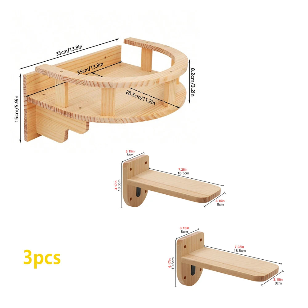 Wall Mounted Cat Tree Wooden Shelves Scratching Posts Climbing Cat Perches Hammock with Steps and Ladder Pet Wooden Furniture