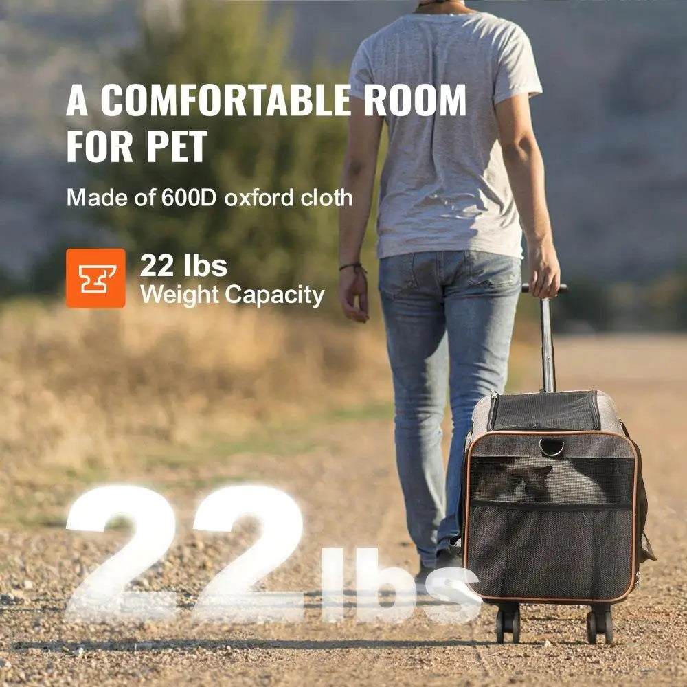 Rolling Cat Carrier with Wheels - Airline Approved Pet Travel Bag, Telescopic Handle & Shoulder Strap, for pets up to 22 lbs,
