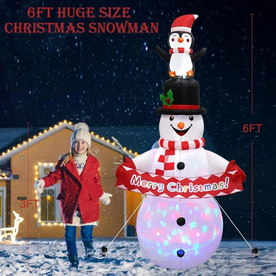6FT Christmas Snowman Inflatable Decoration with Rotating LED Lights for Outdoor Holiday Party Patio Garden Lawn and Yard Decor
