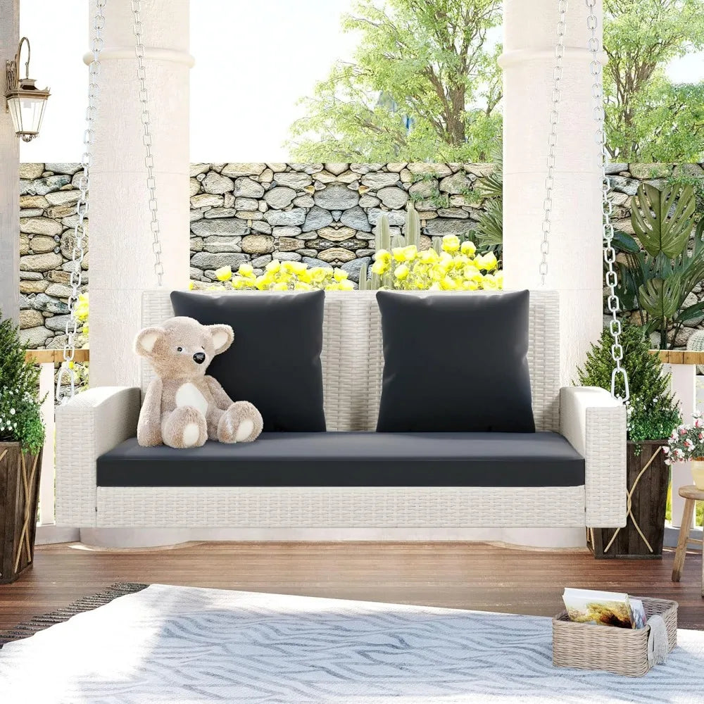 Porch Swing Loveseat, Outdoor Patio Furniture Rattan Wicker Swing Chair with Adjustable Chains, 2-Person Hanging Seat Porch
