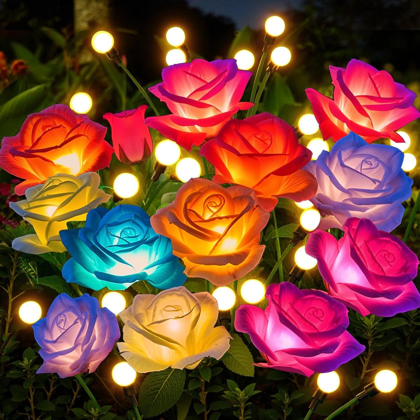 2/4 Pack Solar Rose & Firefly Swing Lights, 7-Color Changing Outdoor Solar Lights for Garden/Patio/Holiday Decor & Gifts