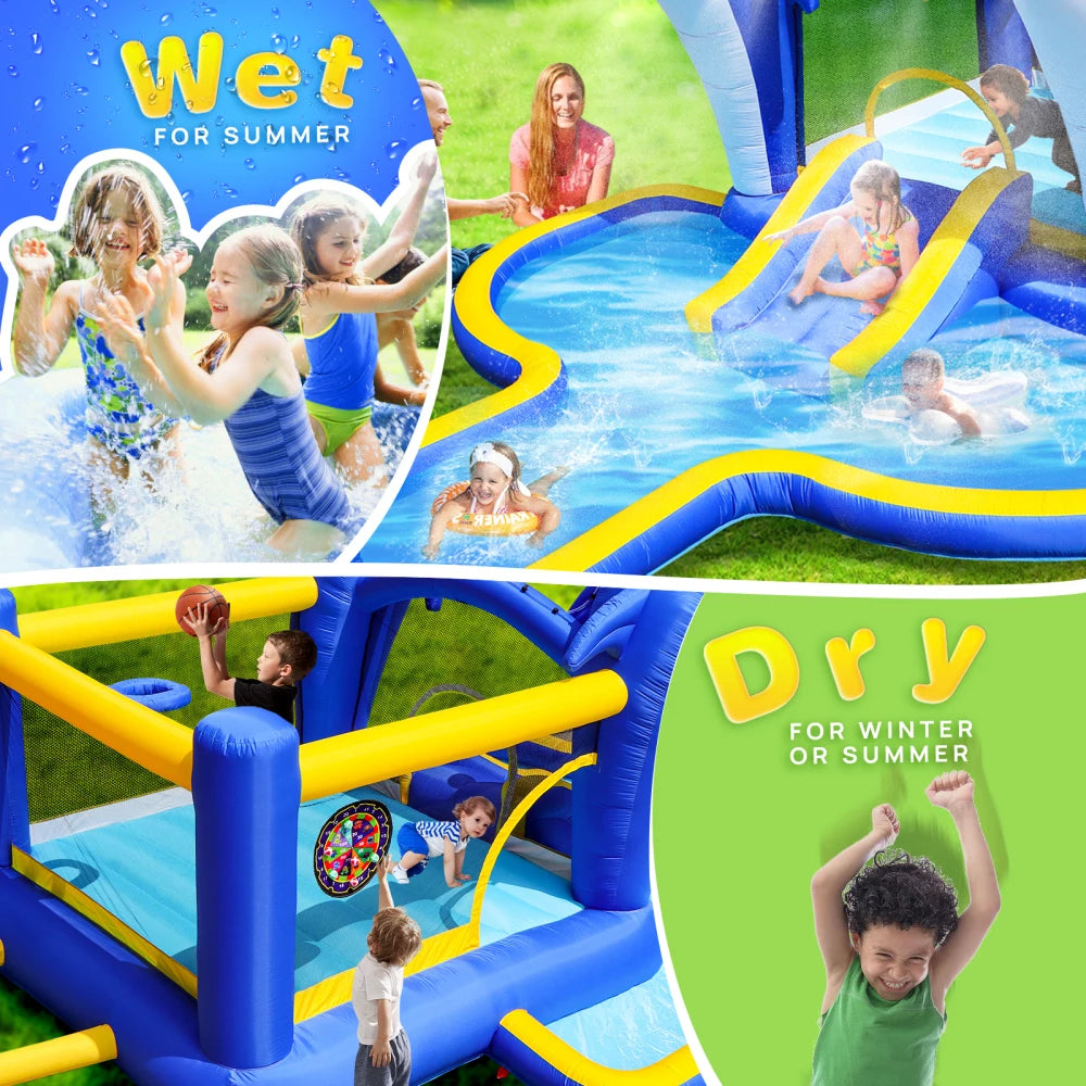 6 in1 Inflatable slide water park trampoline bouncing house outdoor garden with  Dolphin sprinkler & Target games & Water gun