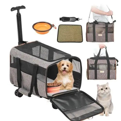 Rolling Cat Carrier with Wheels - Airline Approved Pet Travel Bag, Telescopic Handle & Shoulder Strap, for pets up to 22 lbs,