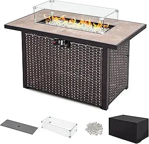 Nuu Garden 43" Propane Fire Pit, CSA-Listed Outdoor Fire Pit Table, 50000 BTU Gas FirePit with Lid, Glass Wind Guard, Glass Bead