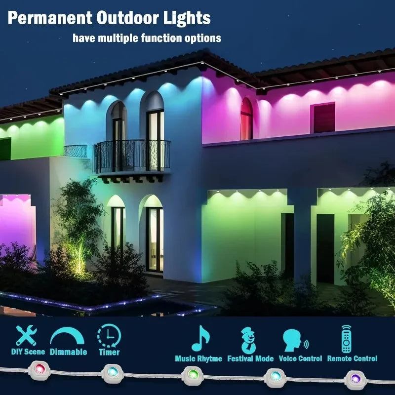Outdoor Lights Permanent Smart RGBIC Eaves LED Lights Festival Flashing Lighting Fairy String for Christmas Holiday Decorations