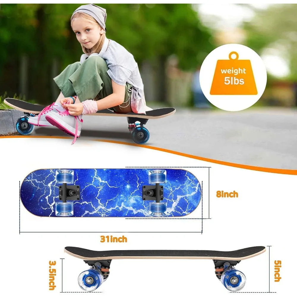 Skateboards with Colorful Flashing Wheels for Beginners,Kids,Teens,Adults, Complete Standard Skate Boards 9 Layer Canadian Maple