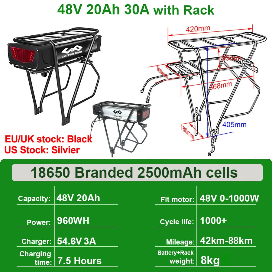 Rear Rack eBike Battery 21700 18650 52V 48V 28Ah 24Ah 20Ah With Double Luggage for 2000W 1500W 1000W 750W 500W 24"-28 inch Motor