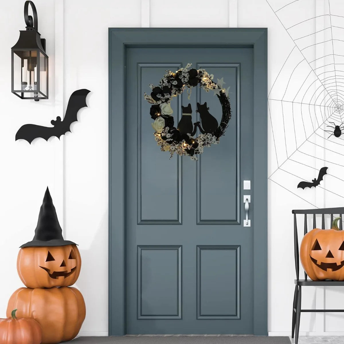 Black Cat Wreath Halloween Decor for Home, Spooky Halloween Decorations Crescent Wreath for Front Door Window Home Holiday Party