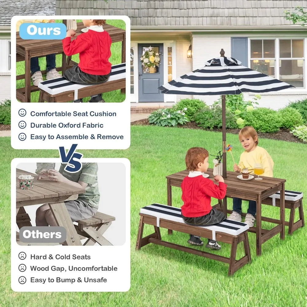 Kid Picnic Table, Outdoor Wooden Table & Bench Set w/Removable Cushions and Umbrella, Stripe Fabric, Children Backyard Furniture