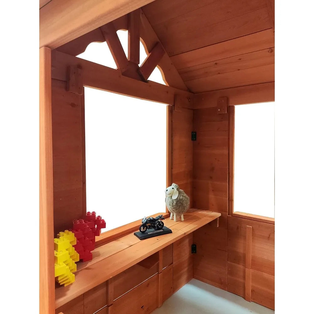 Wooden Outdoor Playhouse, Wooden Play House Playground for Backyard with 2 Windows and Flowerpot Holder,42" Lx46 Wx55 H