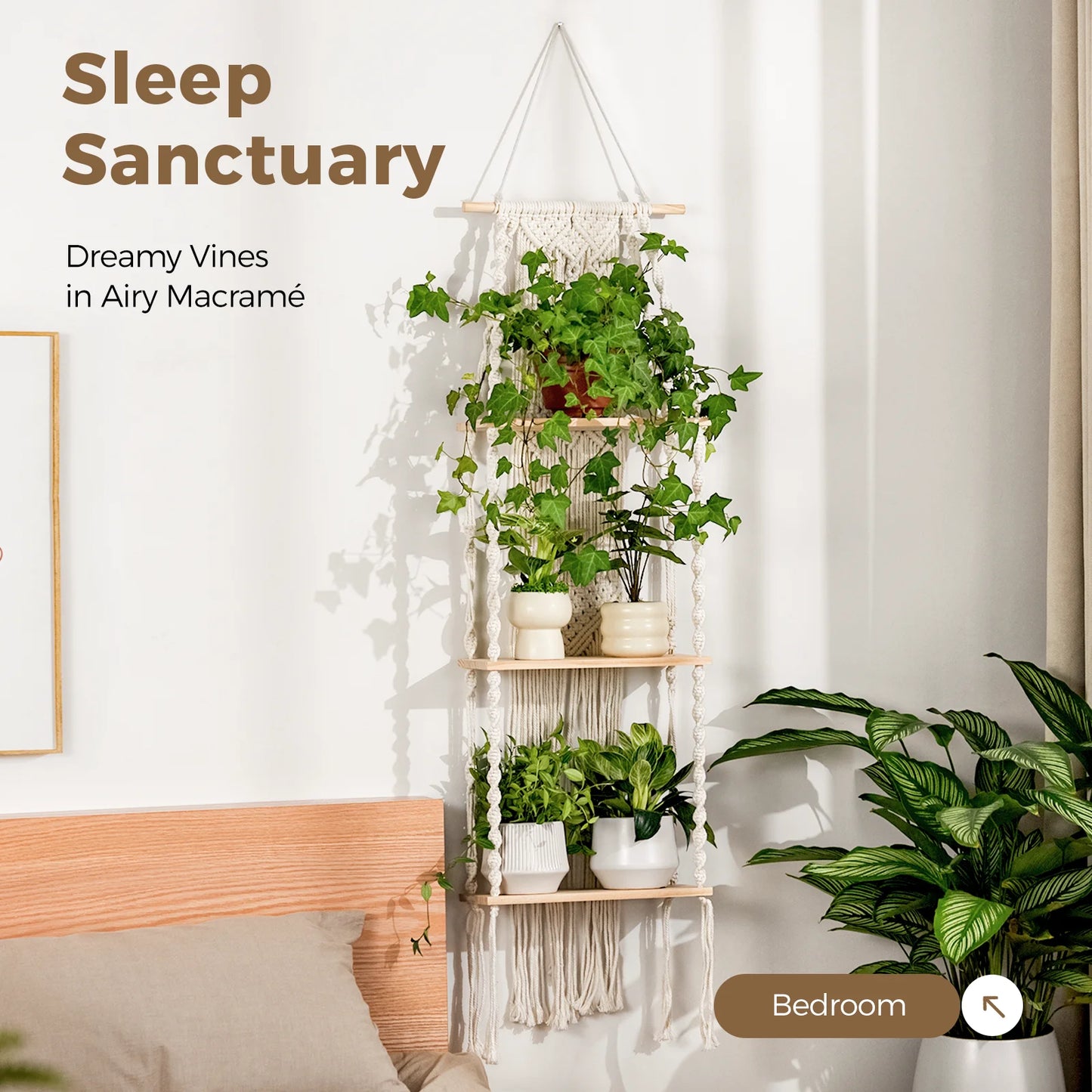 Bamworld 3 Tier Boho Wall Plant Shelf Plant Stand Window Plant Macrame Plant Hangers Room Decor Hanging Bedroom Living Balcony