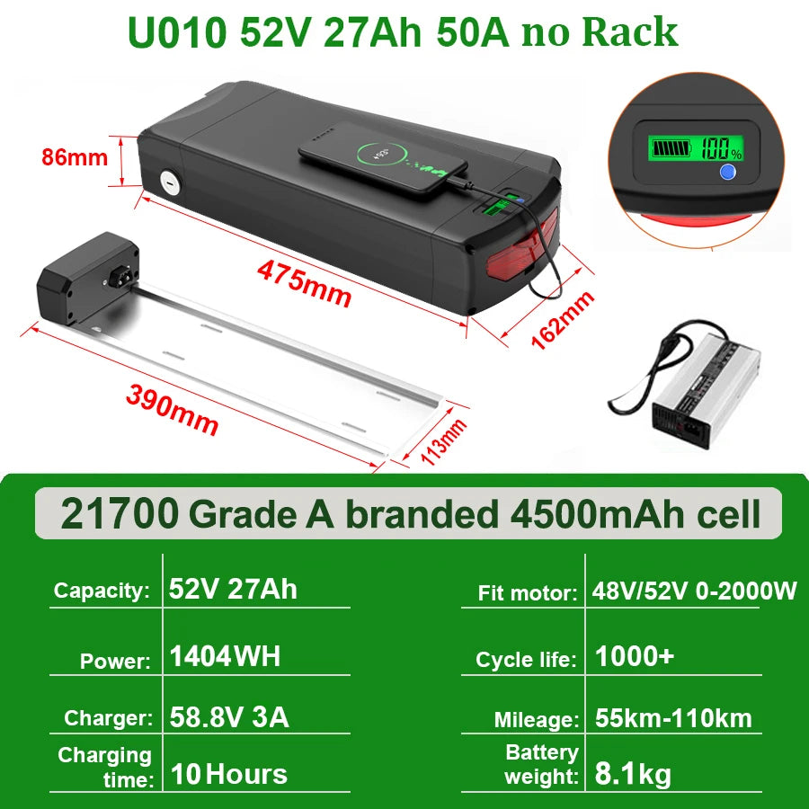 Rear Rack eBike Battery 21700 18650 52V 48V 28Ah 24Ah 20Ah With Double Luggage for 2000W 1500W 1000W 750W 500W 24"-28 inch Motor