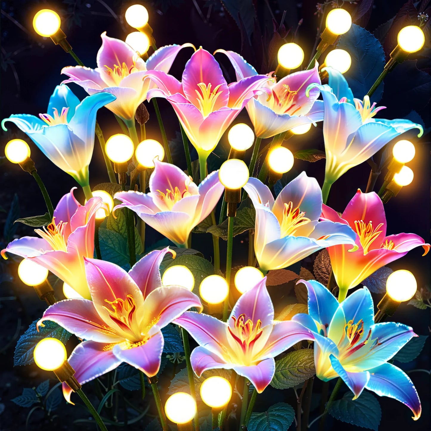 4/8Pack Solar Lights: Realistic Lilies & Fireflies, 7 Colors for Patio/Garden/Events/Holidays, Outdoor Decor Gift