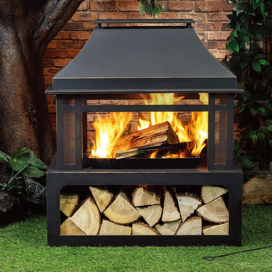 Outdoor Wood Burning Fireplace with Wood Storage and Removable Fire Grill - 40 Inch Large Metal Wicker Base Fire Pit for Patio