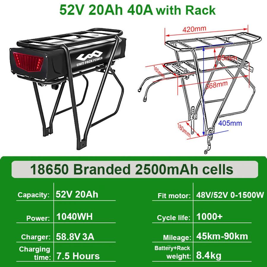 Rear Rack eBike Battery 21700 18650 52V 48V 28Ah 24Ah 20Ah With Double Luggage for 2000W 1500W 1000W 750W 500W 24"-28 inch Motor