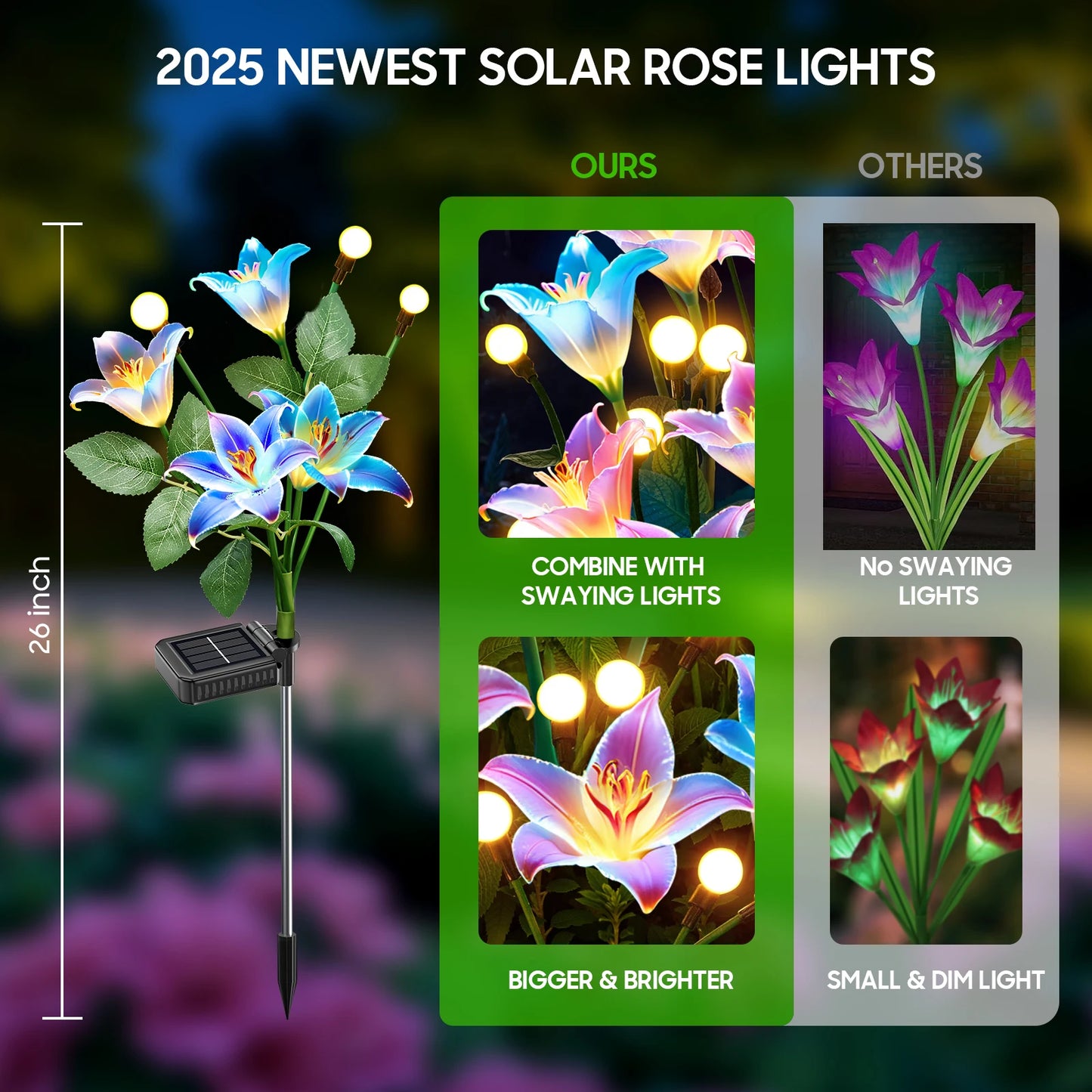 4/8Pack Solar Lights: Realistic Lilies & Fireflies, 7 Colors for Patio/Garden/Events/Holidays, Outdoor Decor Gift